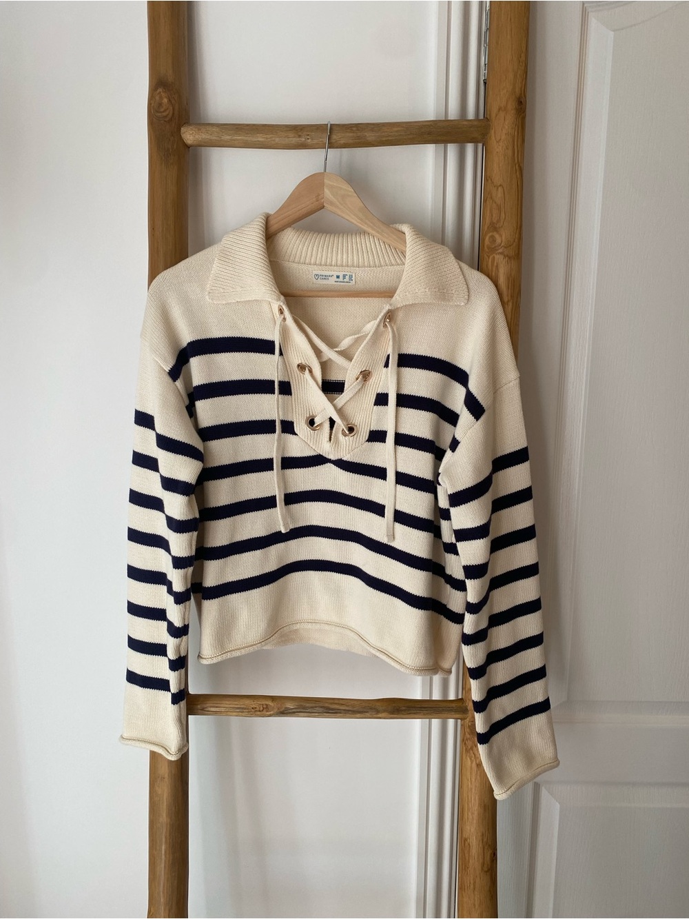 Primark Cream Navy Striped Lace-Up Knit Collar Sweater Medium Preppy Fall Cotton